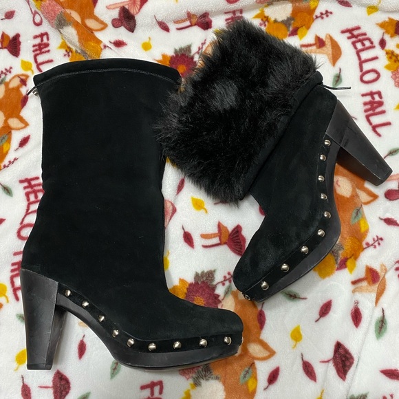 Michael Kors Black suede faux fur heeled boots size 7.5 - Picture 2 of 4